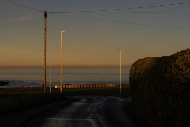 Before: Coastal road with streetlights and utility poles at dusk