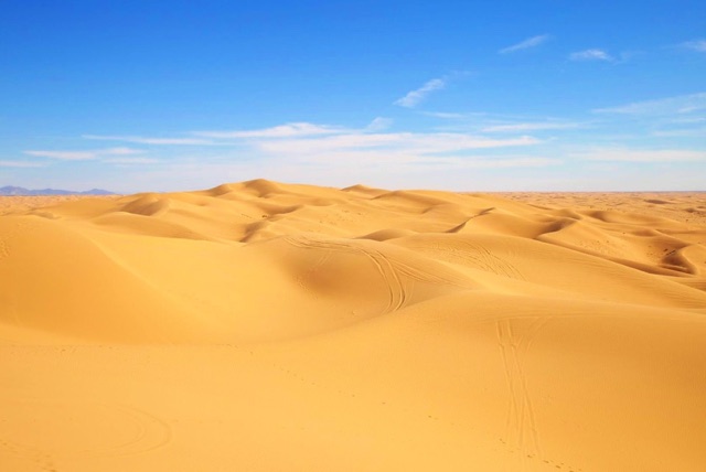 Same sand dunes after the Super Vivid LUT, with golden sand and a deep blue sky