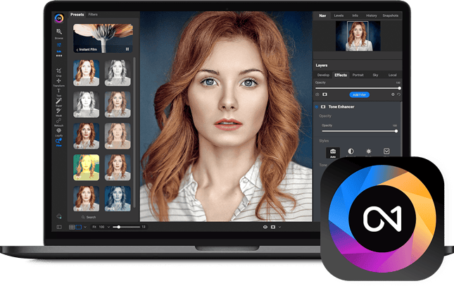 Editing a portrait in ON1 Photo RAW MAX with presets and layers panels open