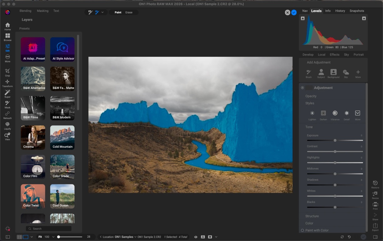A local adjustment masked over the cliffs of a landscape in ON1 Photo RAW
