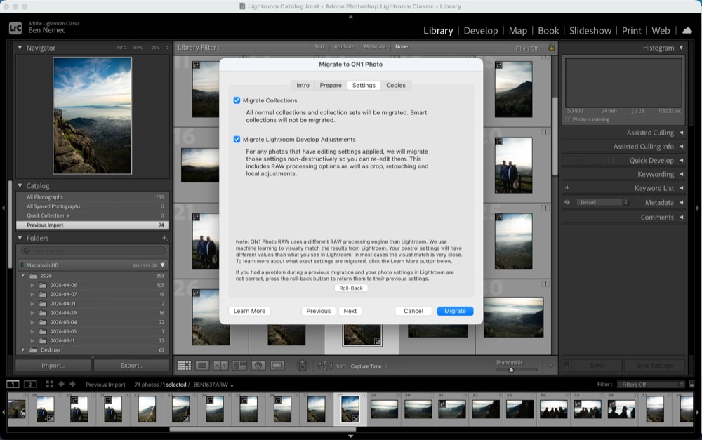 The Migrate to ON1 Photo dialog in Lightroom Classic, showing options to migrate collections and Develop adjustments