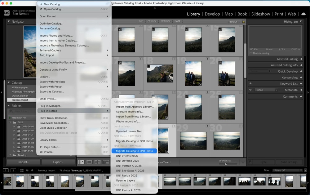 Lightroom Classic's File > Plug-in Extras menu with Migrate Catalog to ON1 Photo selected