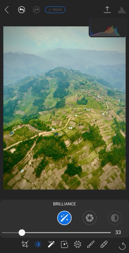 Brilliance adjustment on an aerial landscape in ON1 Photo RAW for Mobile