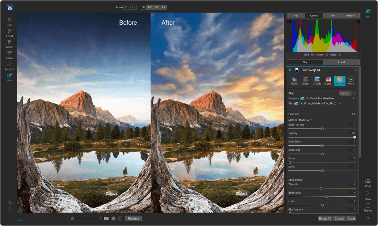 Before and after: Sky Swap AI replacing the sky over a mountain lake in ON1 Photo RAW