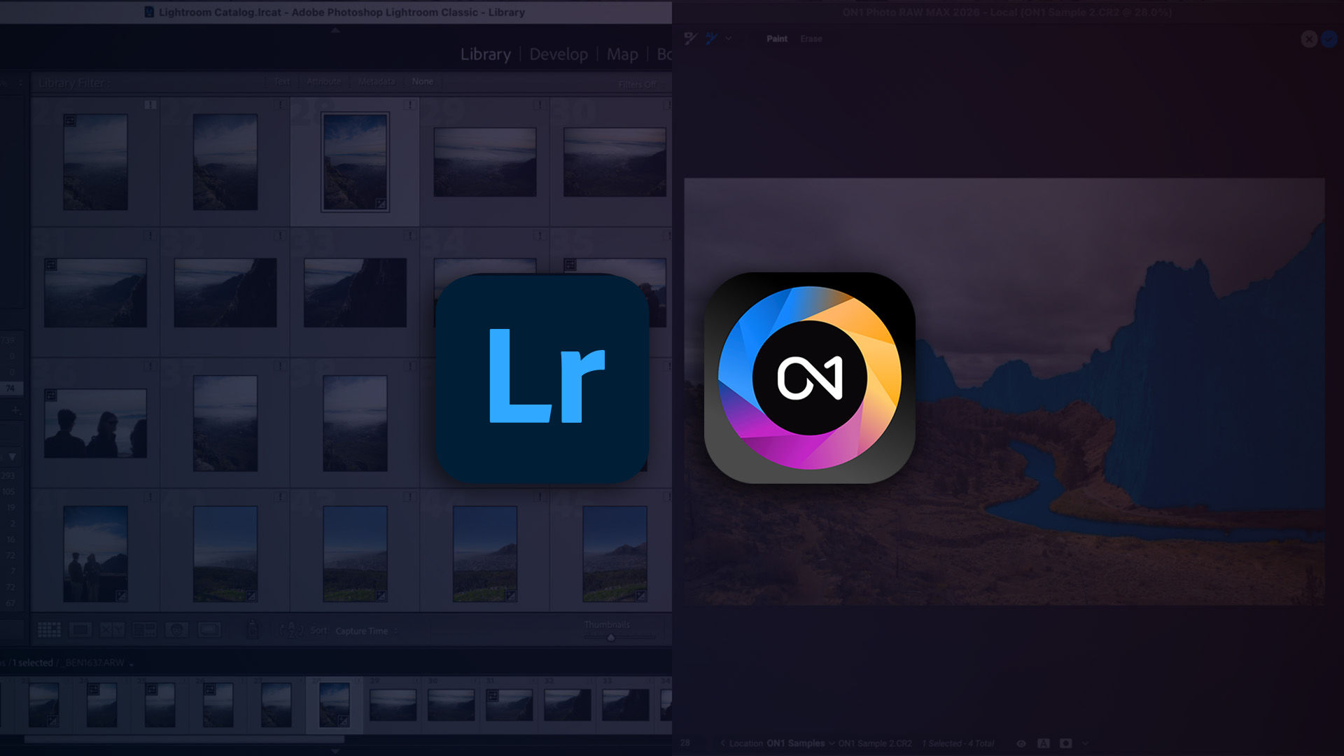 Adobe Lightroom and ON1 Photo RAW app icons over the Lightroom Classic library and the ON1 Photo RAW editor