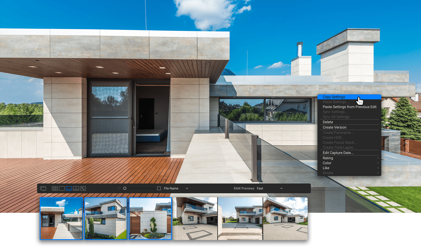 Copying HDR settings across a batch of real estate photos in ON1 HDR