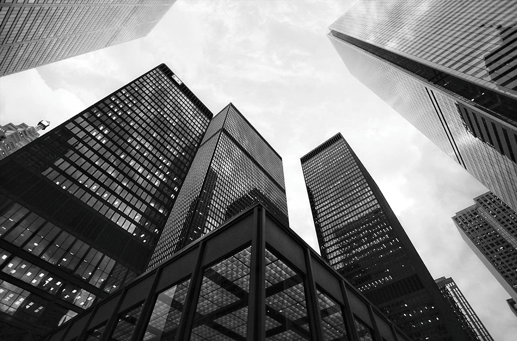 The skyscraper photo with HDR Look, Dynamic Contrast, and Black & White stacked together