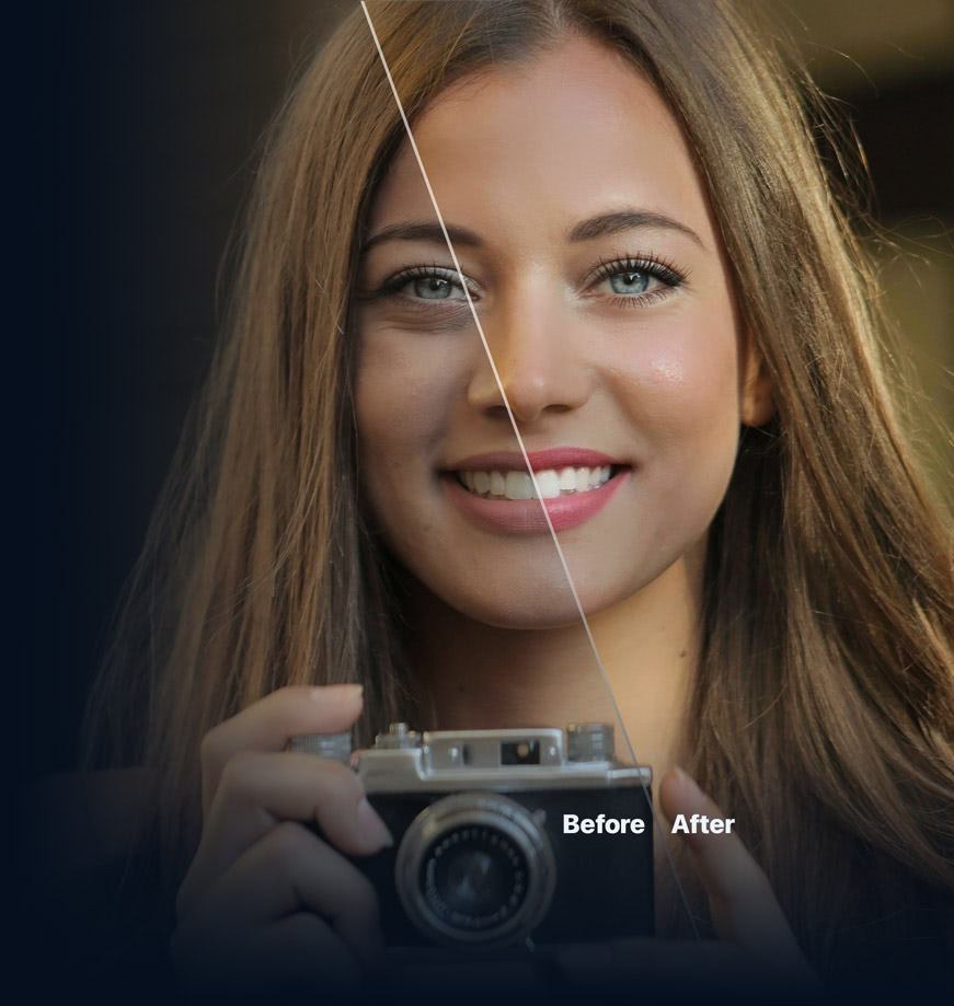 A portrait before and after automatic retouching in ON1 Portrait AI