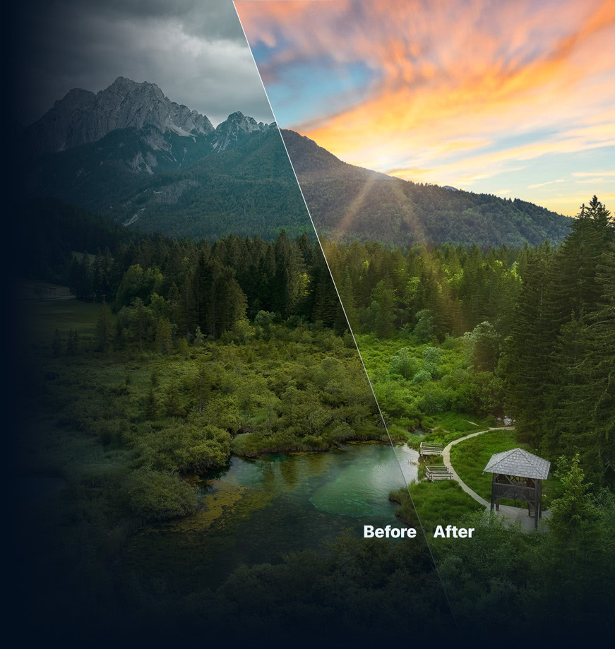 A forest lake below a mountain before and after Sky Swap AI, with a grey overcast sky replaced by a sunset
