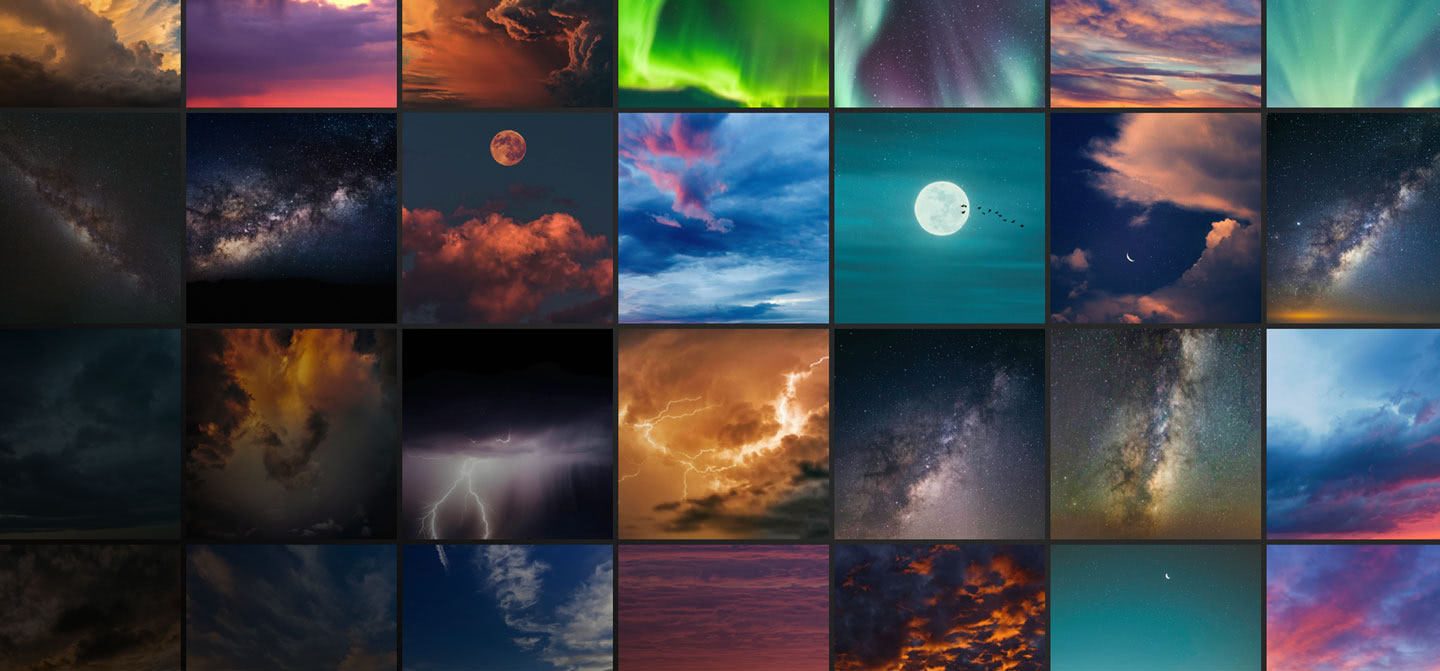 A grid of included skies: sunsets, auroras, the Milky Way, full moons, and lightning storms