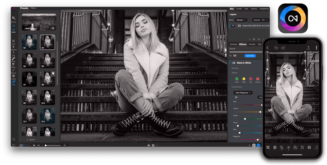 The ON1 mobile photo editor interface